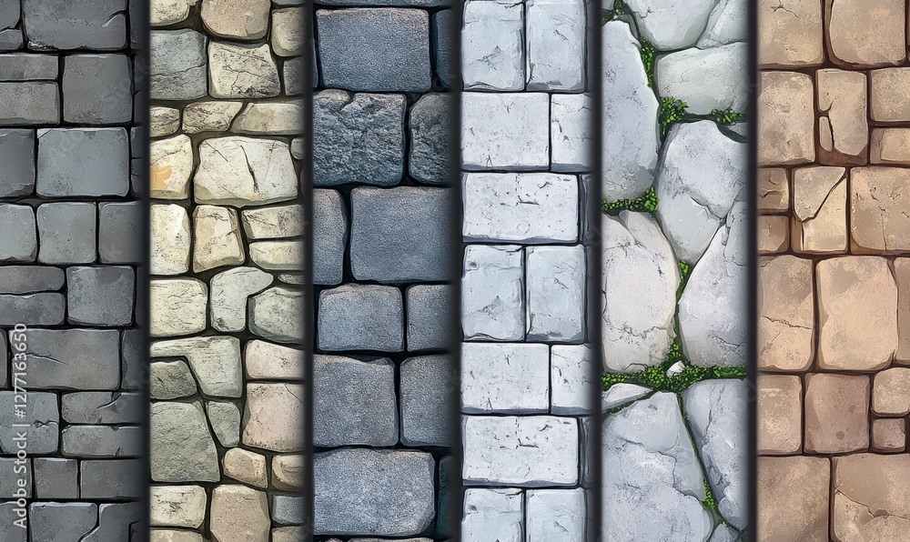 Poster seamless modern cartoon patterns of cobblestones and granite blocks in concrete, designed as stone f