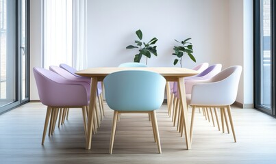 Bright modern dining room with pastel-colored chairs, a light wooden table, and natural light creating a cheerful and contemporary ambiance