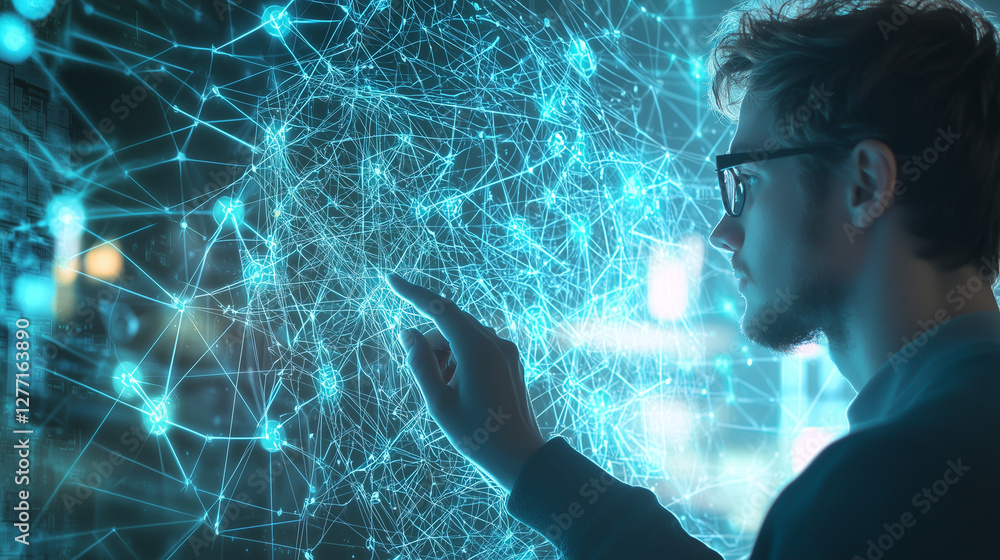 Poster man interacts with futuristic digital network visualization interface