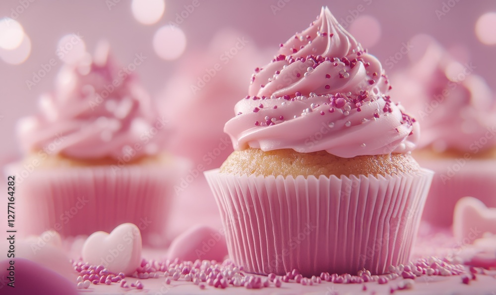 Poster bright pink cupcakes topped with intricate frosting and sprinkles placed on a pastel background illu
