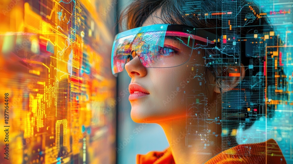 Poster seamless integration of virtual and reality: person in ar glasses viewing graphs and charts in real 