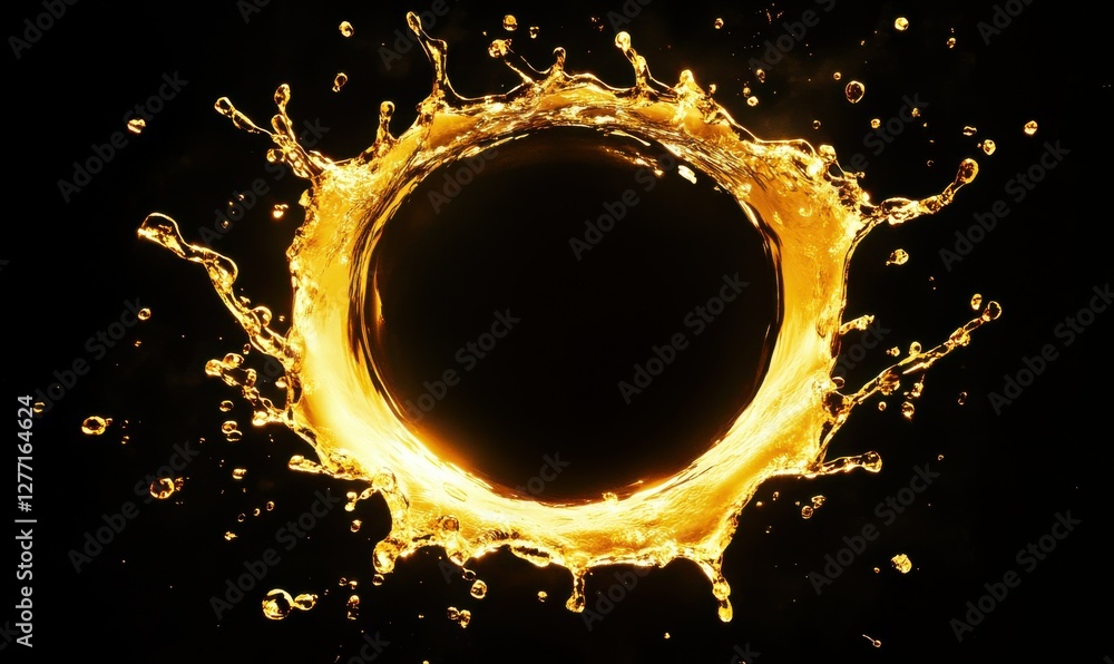 Poster abstract splash of golden liquid forming a circular motion, soft glowing light enhancing the metalli