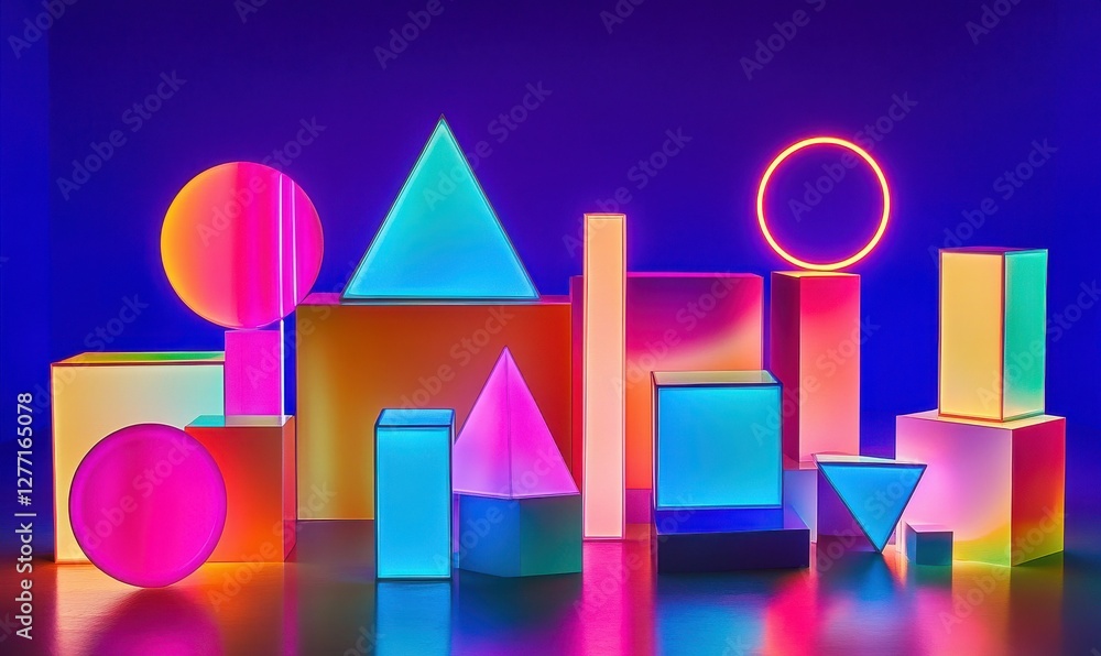 Poster craft a visually striking image featuring a panoramic display of glowing neon-hued geometrical forms
