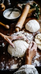 Fototapeta premium Female adult preparing dough on wooden surface with ingredients and utensils