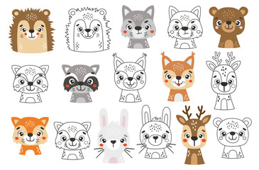 Wild animals set isolated, cute forest animals, kids vector cartoon