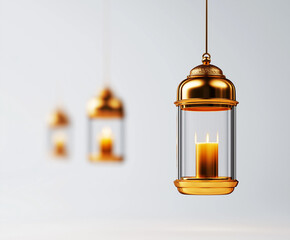 Elegante goldene Laternen auf hellem Hintergrund in minimalistischer Anordnung

