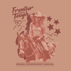 HAND DRAWN COWGIRL HORSE EQUINE RIDER FEMALE WOMAN GIRL COWBOY WESTERN WILD WEST VINTAGE TSHIRT TEE PRINT FOR APPAREL MERCHANDISE