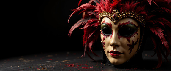 Red feathered masquerade mask with intricate designs exuding an air of mystery and elegance displayed on a dark surface scattered with confetti