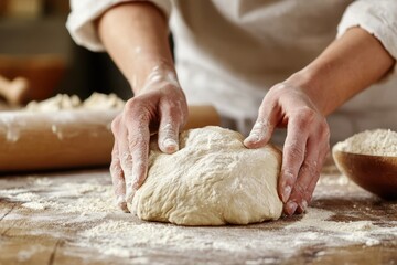 Fototapeta premium Close-up of hands kneading dough in a rustic kitchen setting