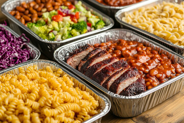 Barbecue catering spread with brisket, sides, and pasta in trays