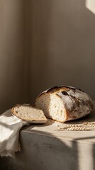 Rustic artisan sourdough bread with sunlit slice on textured surface