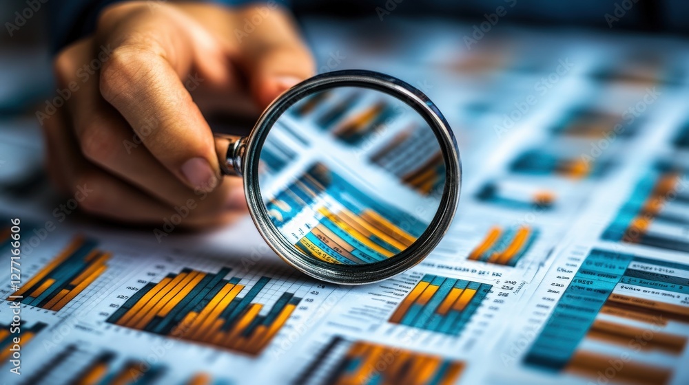 Poster close-up of a hand holding a magnifying glass over colorful data charts and graphs on a table