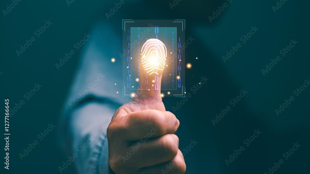 Aufkleber Biometric identity verification and access password for security system technology. Thumbs up with virtual fingerprint to scan biometric identity. Access password for security system prevent hacker.