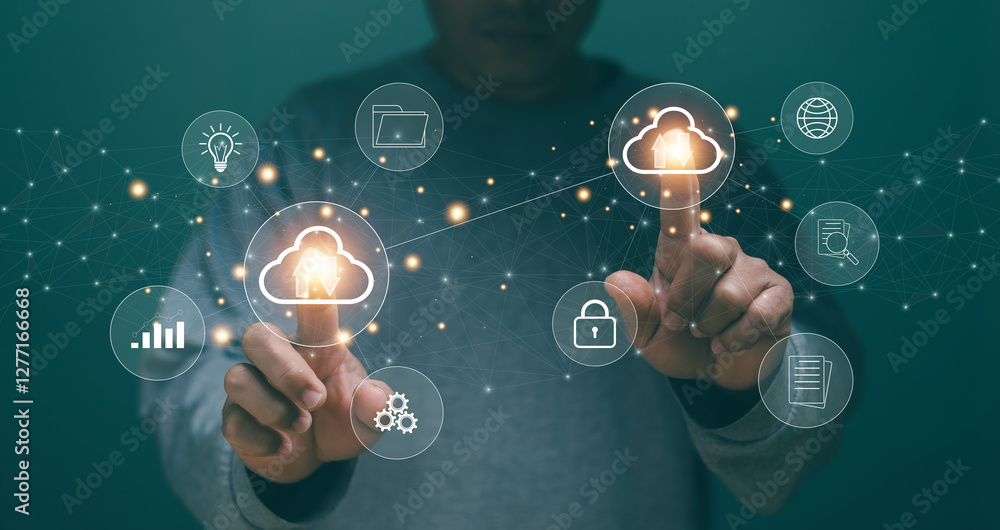Aufkleber Cloud computing technology concept. Digital data transfer, Businessman pointing to cloud computing network diagram on virtual screen. File backup storage protection. Online data storage.