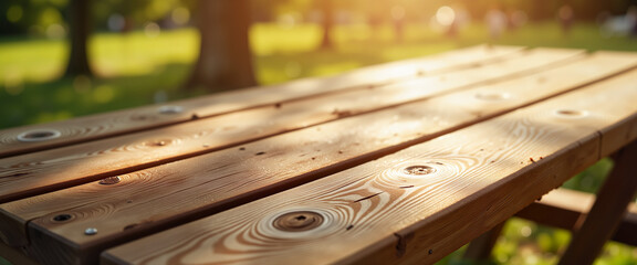 Fototapeta premium Close-up of rustic wooden beer table showing warm patina in sunlit outdoor setting, ideal for blogs and presentations