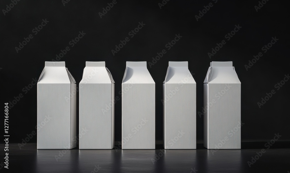 Poster Clean and modern row of white milk cartons placed against a dark background, sharp shadows and geometric alignment creating a sleek aesthetic