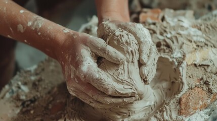 Close-up of a person's hands working on a pottery wheel. the hands are covered in a thick layer of clay, which is a light brown color and appears to be in the process of being made.