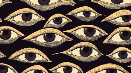Seamless pattern of multiple eye shapes on a black background. the eye shapes are arranged in a repeating pattern, with each eye having a unique design.