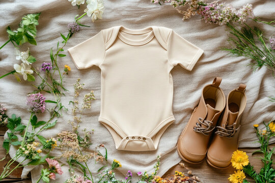 Spring baby announcement with a neutral onesie and baby shoes