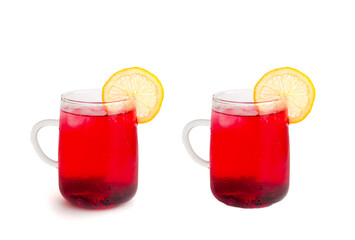 Hibiscus Tea, Dry Rose Drink, Cold Fruit Red Tea in Transparent Mug, Roselle Hibiscus Tea