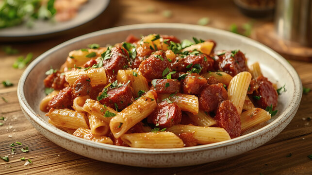 Plato de macarrones con salsa de tomate, chorizo y queso parmesano