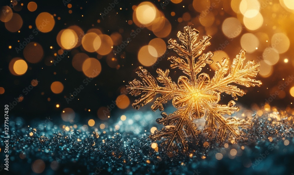Poster close-up of a delicate golden snowflake with intricate patterns, softly glowing against a dark blurr