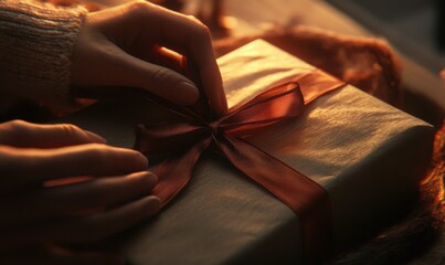 Close-up of hands wrapping a gift with a festive ribbon, soft golden light adding a warm holiday touch to the scen