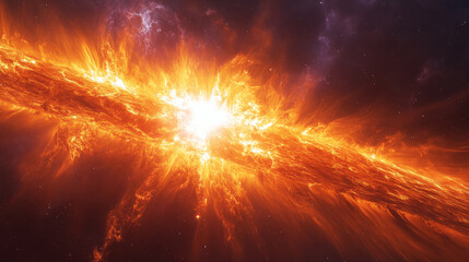 Massive solar flare erupting from star surface against cosmic background. Space visualization of stellar energy and astronomical phenomenon