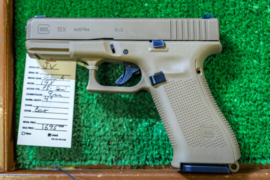 Glock 19X 9mm parabellum pistol FDE finish, a gun shop, Placerville California
