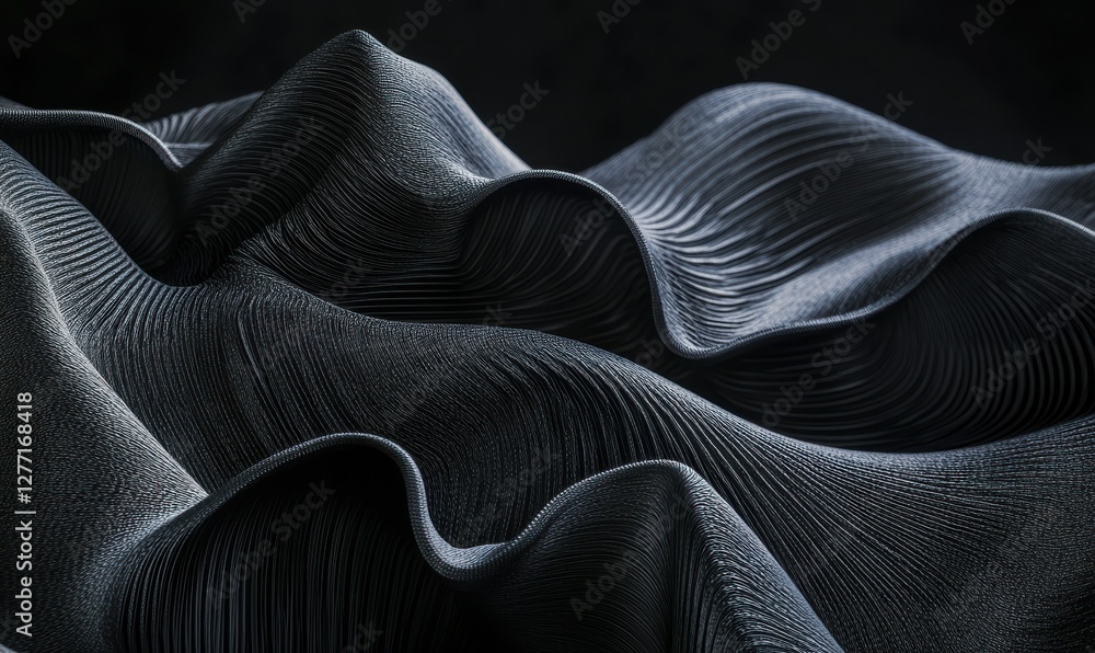 Poster dynamic textured black fabric flowing smoothly with intricate folds, illuminated by subtle highlight