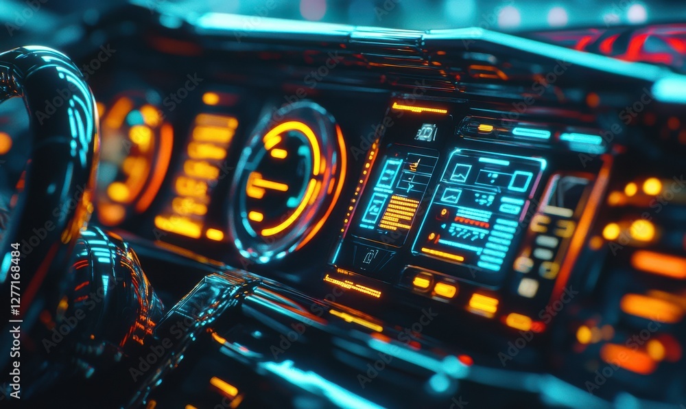 Poster close-up of an electric vehicle dashboard glowing softly with futuristic interface elements. cool to