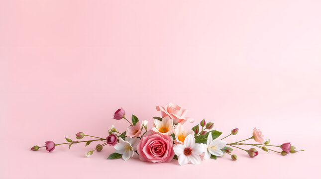 Floral Spring arrangement on pink isolated background, delicate garden roses and anemones for bridal, wedding or party invitations