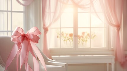 Pink Ribbon Bow on White Chair Near Window with Sheer Curtains and Floral View