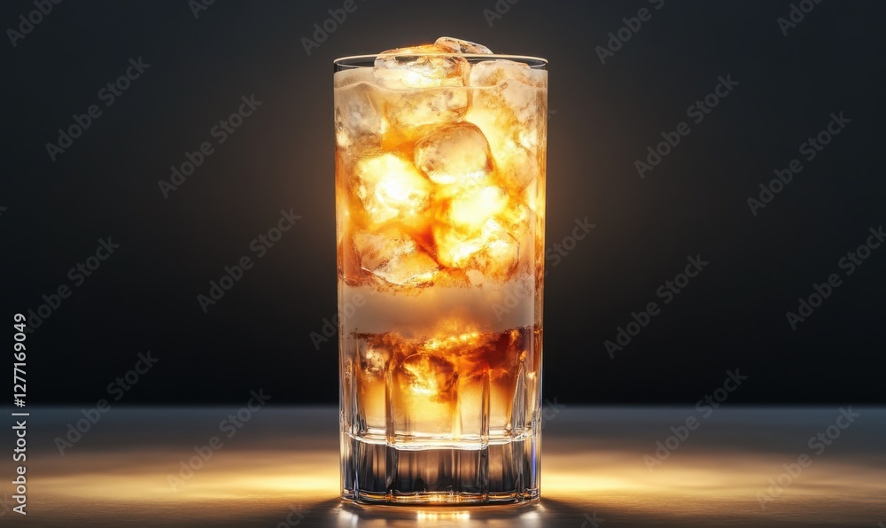 Poster elegant cocktail in a tall glass with ice and creamy layers illuminated by soft ambient lighting, cr