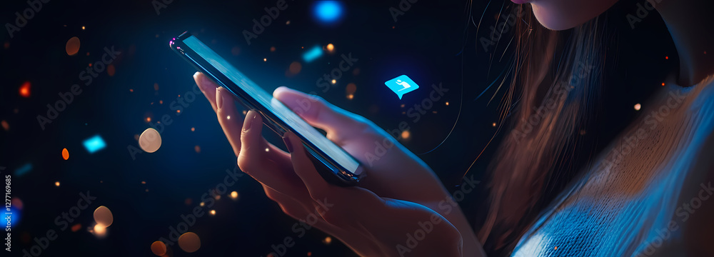 Poster digital connection: a person interacts with a sleek smartphone, immersed in a world of digital possi