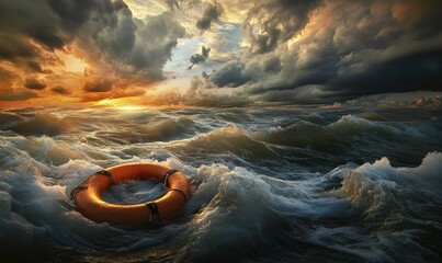 Lifebuoy floating in turbulent water with dramatic lighting and stormy clouds.