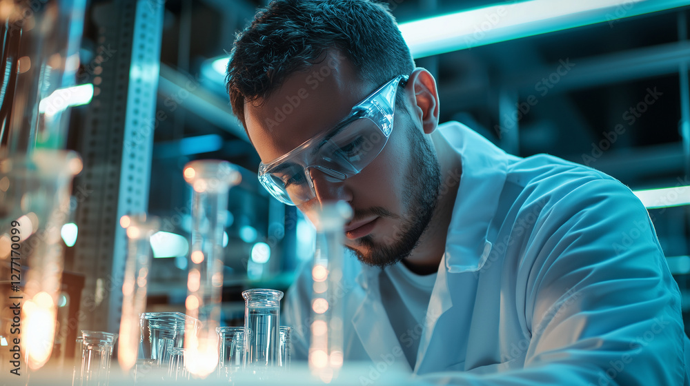 Poster focused scientist in lab conducting experiments with glassware