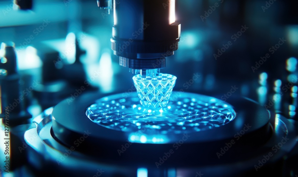 Poster close-up of a 3d-printed object in a futuristic lab, glowing blue light highlighting the fine detail