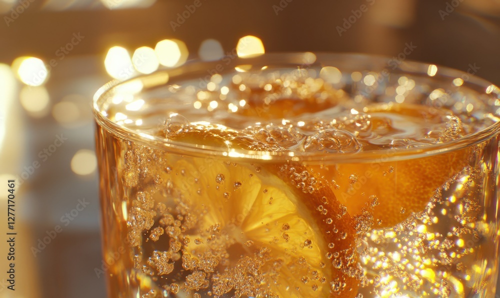 Poster close-up of a glass of sparkling water with lemon slices, soft light creating refreshing reflections