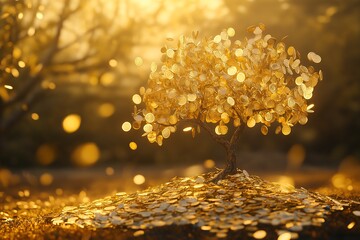 Growing tree of gold coins, professional business environment. Financial growth concept