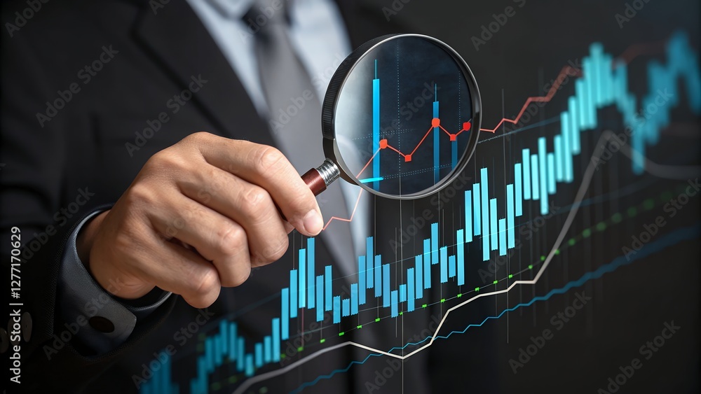 Poster investor analyzing chart of stock market price movements with detailed graphs and indicators for inf