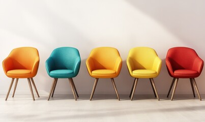 Colorful modern chairs arranged in a row on a neutral background, vibrant tones and simple composition creating a bold and contemporary visual, perfect for furniture themes,