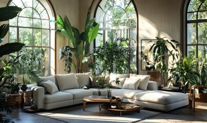 Fototapeta premium Elegant living room with a light gray sofa, indoor plants, and natural sunlight streaming through large windows for a cozy and modern interior,