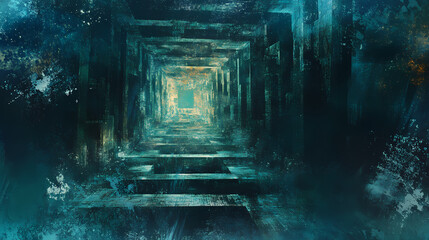 Mysterious and enigmatic labyrinth: traversing the depths of the unknown. Dreamlike Labyrinth Passage. Illustration