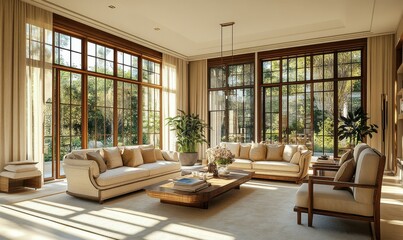 Fototapeta premium Elegant living room with wooden furniture, neutral-toned decor, and large windows letting in soft daylight.