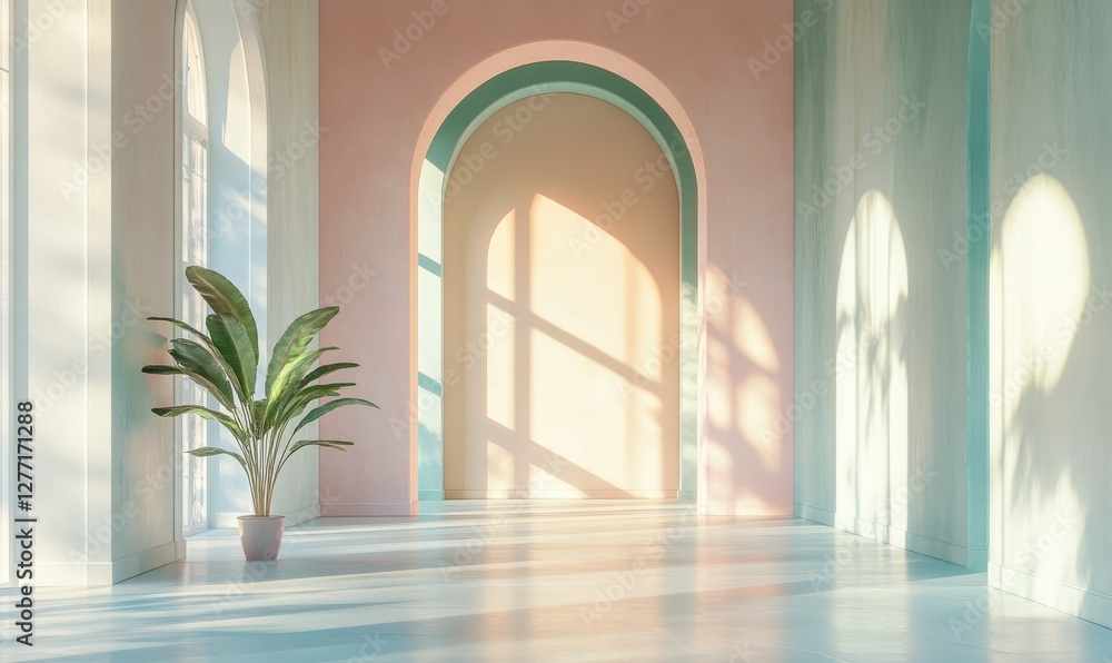 Aufkleber elegant minimal interior with light streaming through tall windows, creating soft shadows on clean p