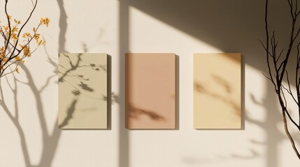 Three rectangular panels hanging on a white wall. the panels are arranged in a triangular formation, with the largest panel in the center and two smaller panels on either side.