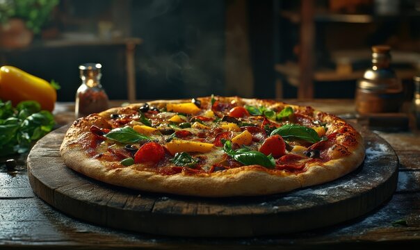 Freshly baked pizza with colorful vegetable toppings placed on a rustic wooden board, natural light emphasizing its appetizing appearance