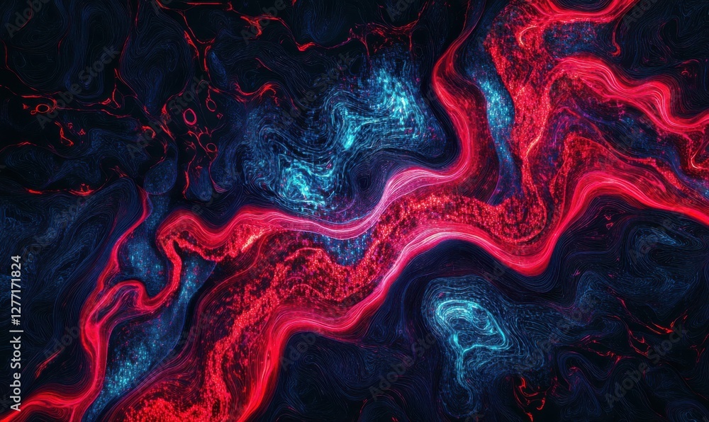 Poster digital artwork of glowing red and blue data streams forming intricate patterns, futuristic tech con