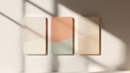 Three rectangular panels hanging on a white wall. the panels are arranged in a triangular formation, with the largest panel in the center and two smaller panels on either side.